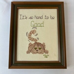 Vintage Needlepoint Orange Tabby Cat “It’s So Hard To Be‎ Good” Wall Decor